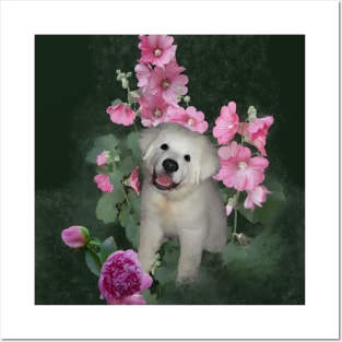 Sweet Puppy and Pink Flowers Posters and Art